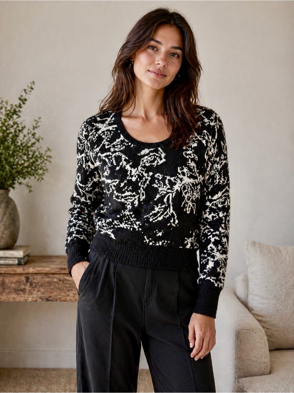 White House Black Market Black & White Knit Sweater | Chic Abstract Print